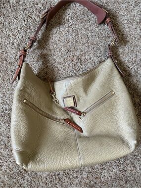 Dooney & Bourke Beige Pebbled Leather Shoulder Bag with Brown Trim